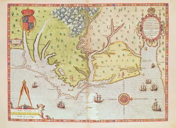 Admiranta Narratio... Mapa de Virginia (página 44-45), 1585-1588 (grabado en color)